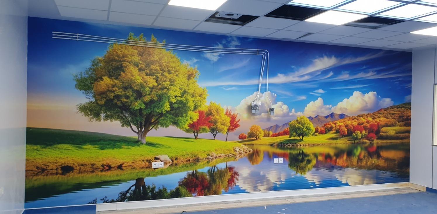 Mur habillé d’un paysage de lac et d’arbres colorés
