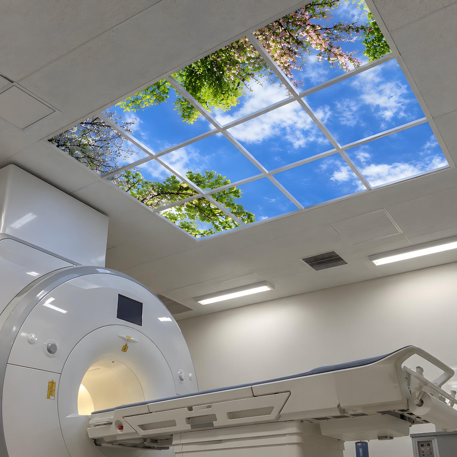 Plafond lumineux avec ciel bleu et feuillage dans une salle médicale