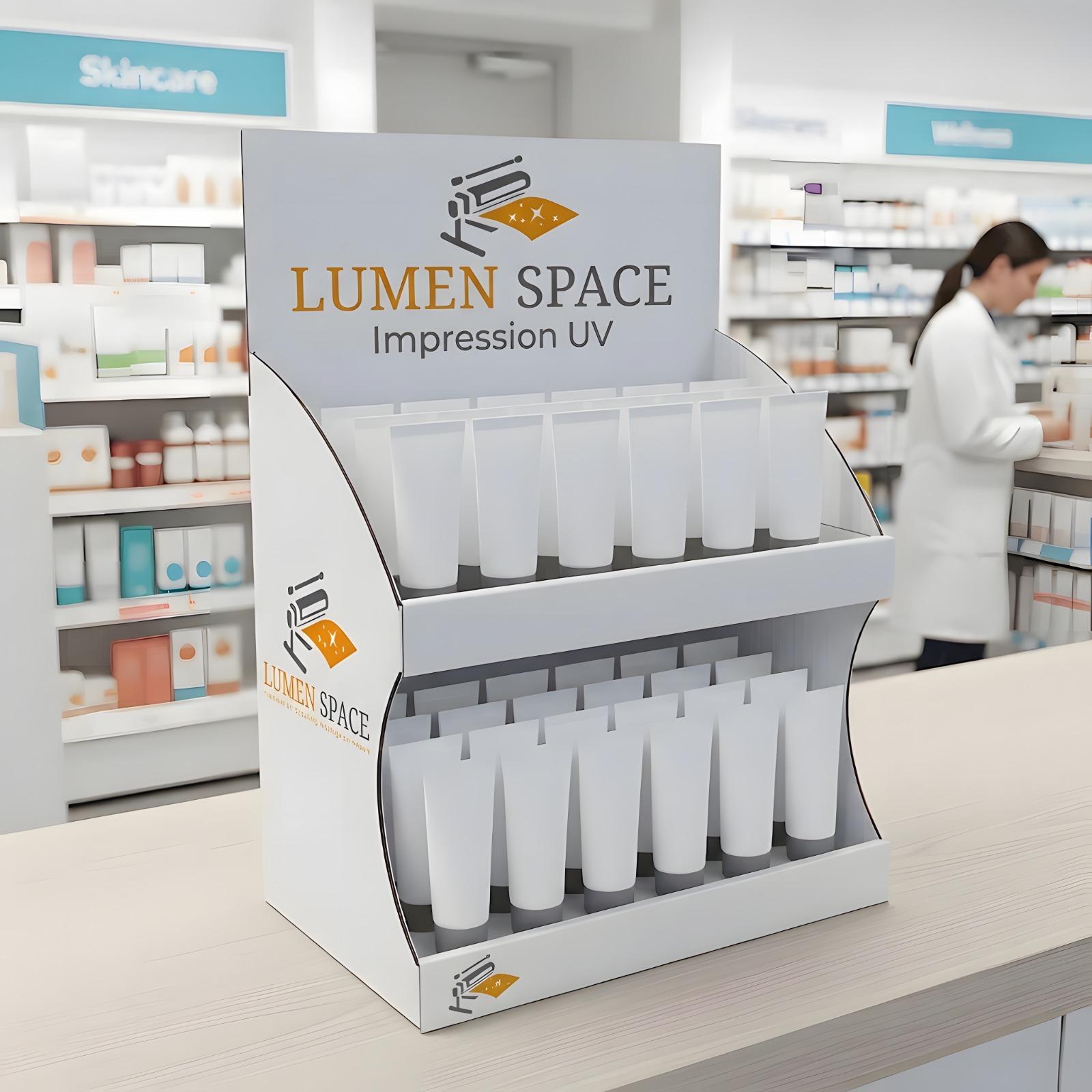 Présentoir Lumen Space pour produits cosmétiques sur un comptoir