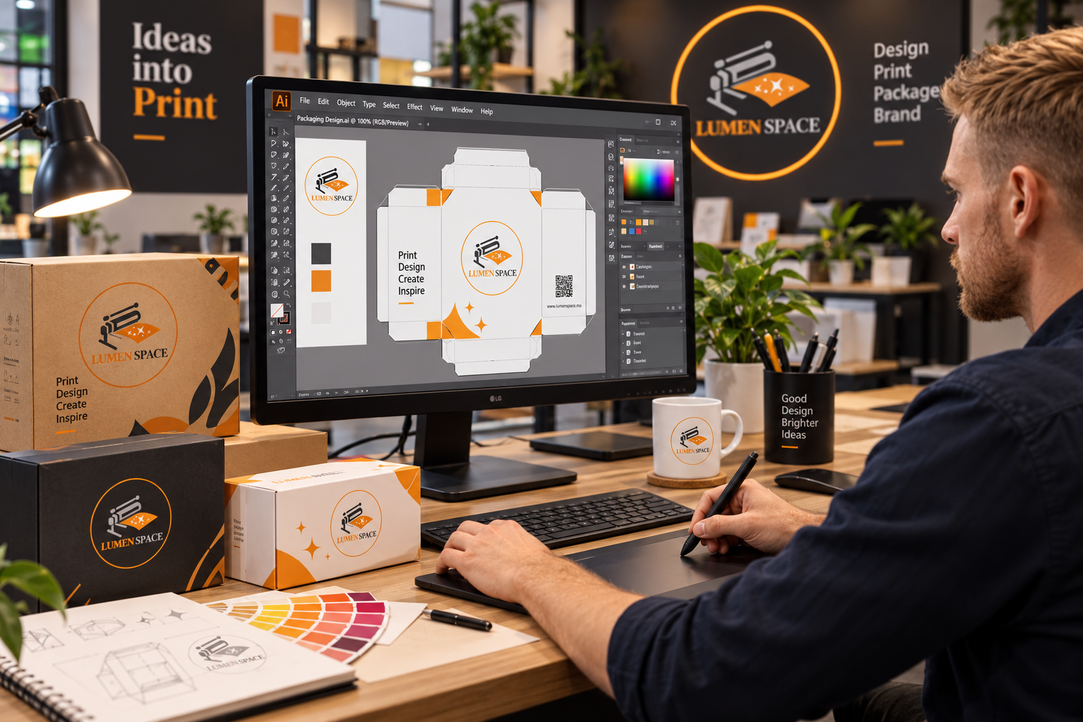 Cr?ation de packaging Lumen Space dans un atelier de design