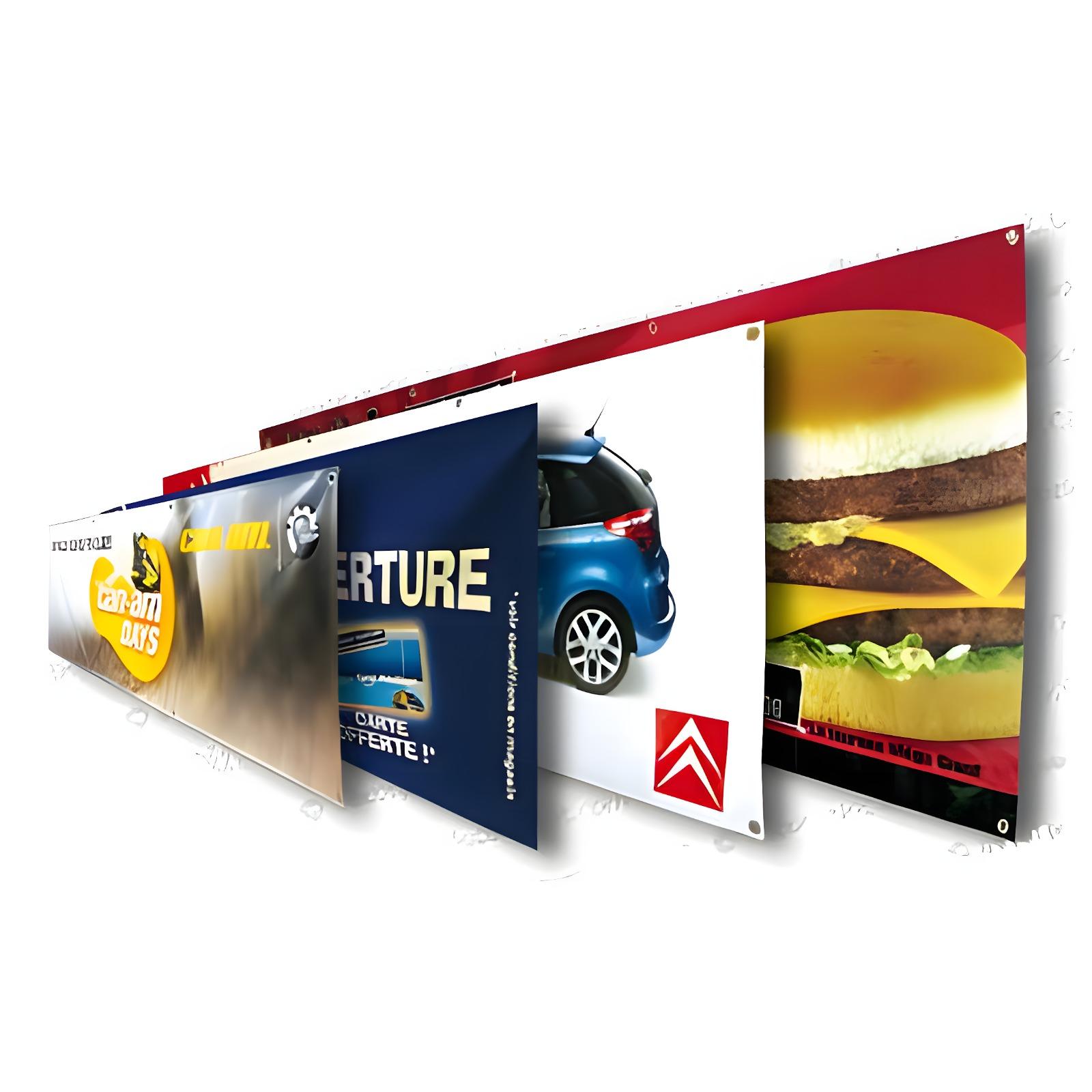 Bâches publicitaires imprimées avec visuels et finitions à œillets