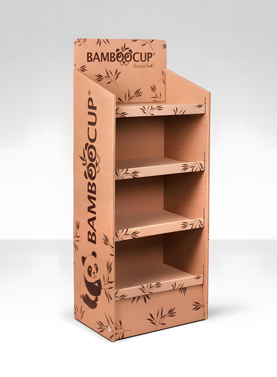 Présentoir de sol personnalisé BambooCup avec étagères et motifs de bambou