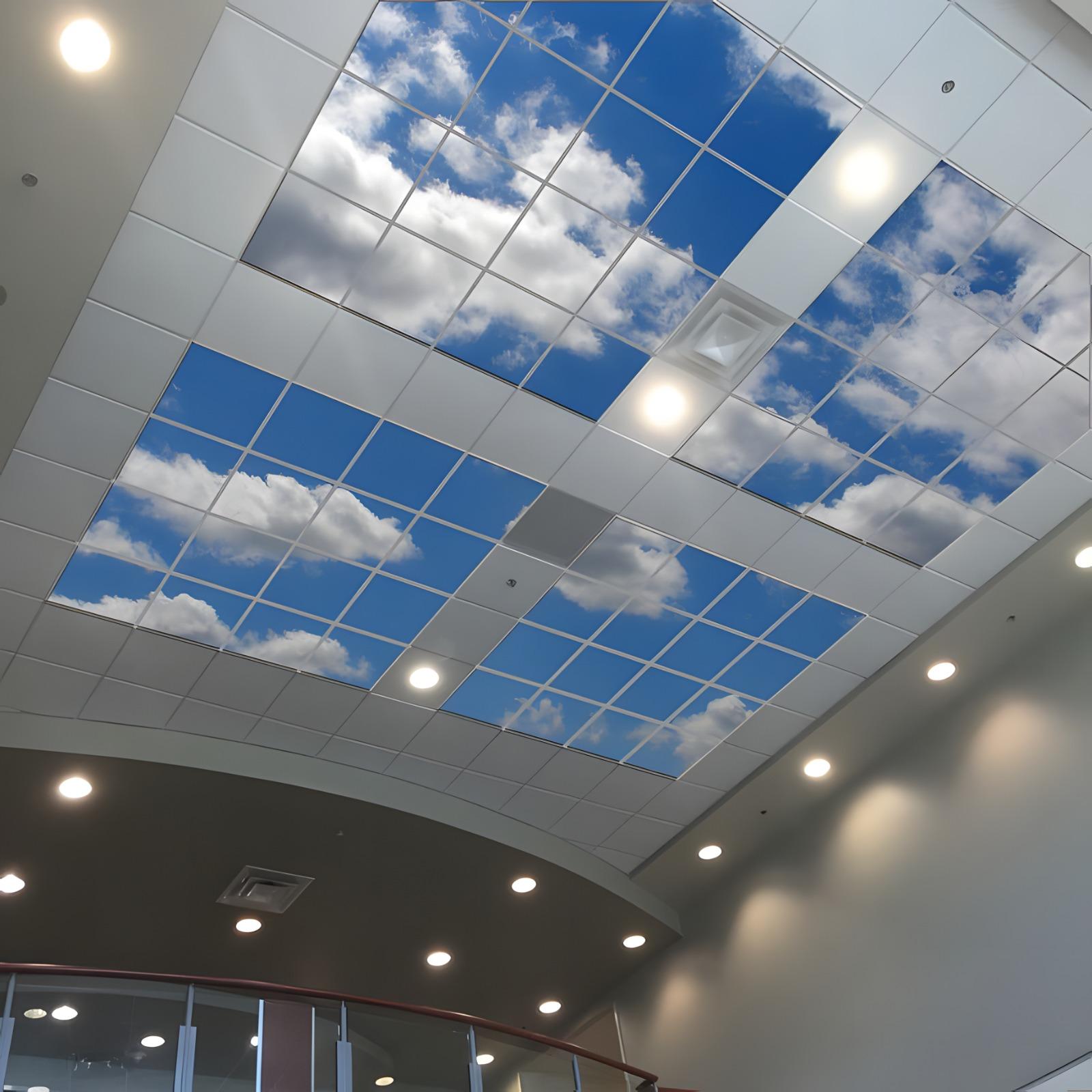 Plafond décoratif composé de panneaux de ciel bleu et nuages